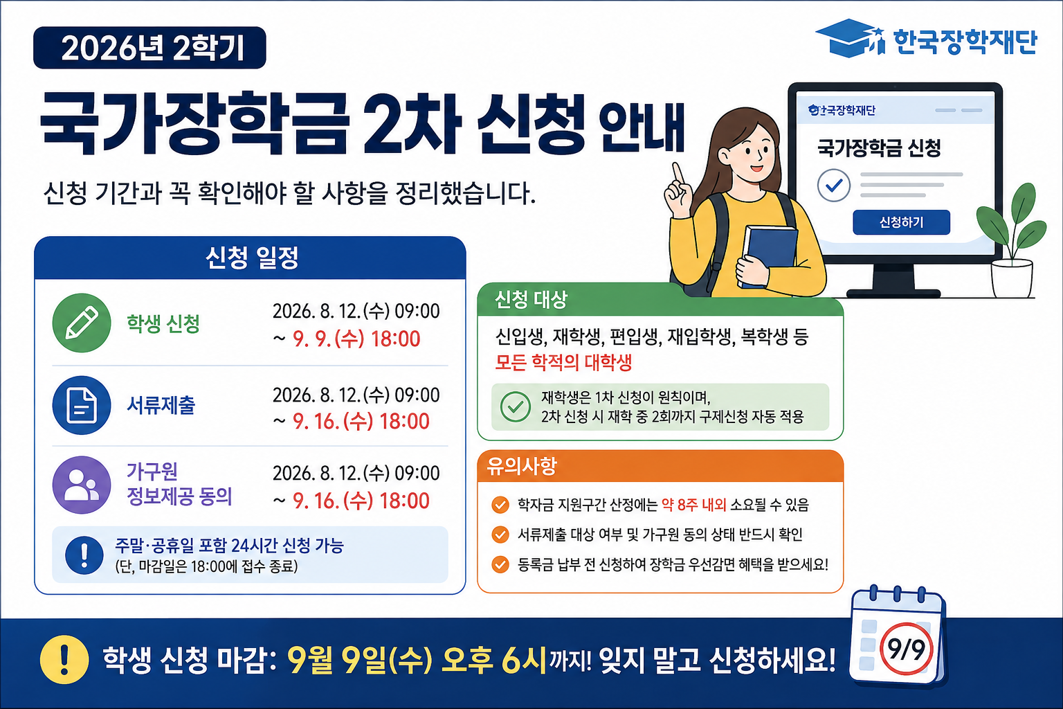 2026년 2학기 국가장학금 2차 신청 일정과 9월 9일 신청 마감, 서류제출·가구원 동의 기한, 재학생 유의사항을 정리한 인포그래픽