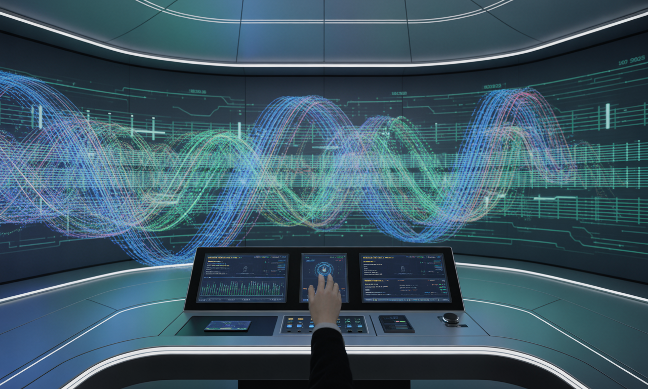 미래의 BGM 추천 시스템이 뇌-컴퓨터 인터페이스와 같은 첨단 기술로 발전하는 모습을 상상한 이미지