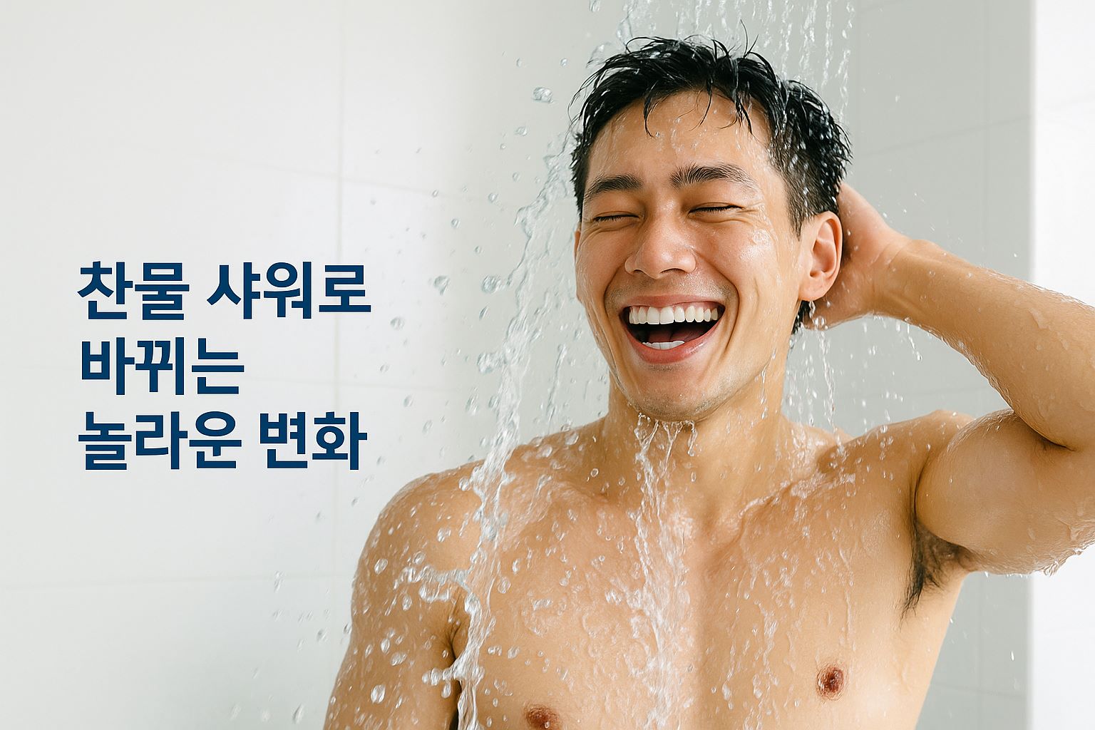 찬물 샤워의 놀라운 효과를 강조하는 상쾌하고 활기찬 샤워 중인 남성 이미지 배너