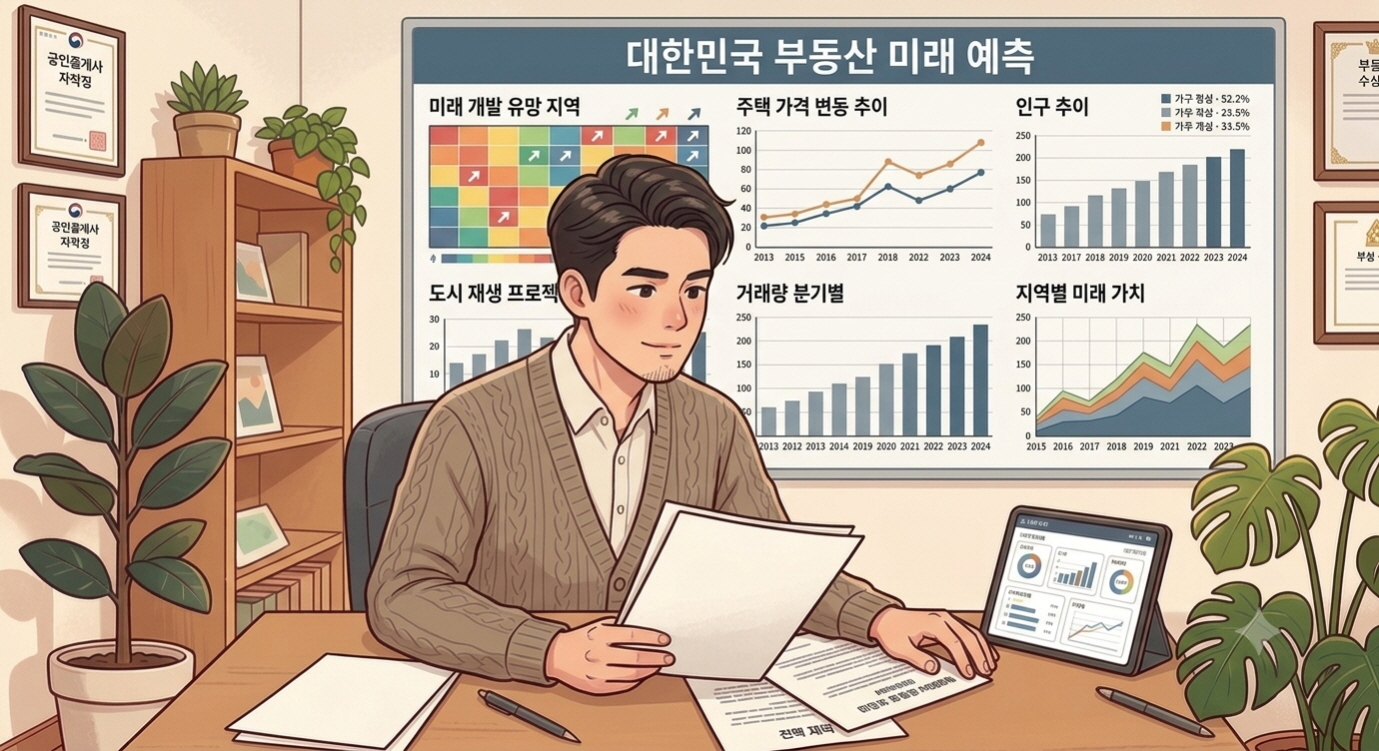 대한민국 부동산의 미래와 과거를 공부하고 분석하는 공인중개사의 모습을 표현한 이미지