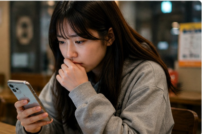 회색 옷을 입은 사람이 실내에서 휴대전화를 바라보며 거래 연락을 신중하게 확인하는 모습