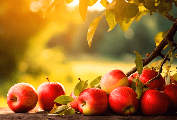사과나무 아래 땅에는 9개의 빨간 사과들이 덜어졌다. 탐스러운 사과들이다.