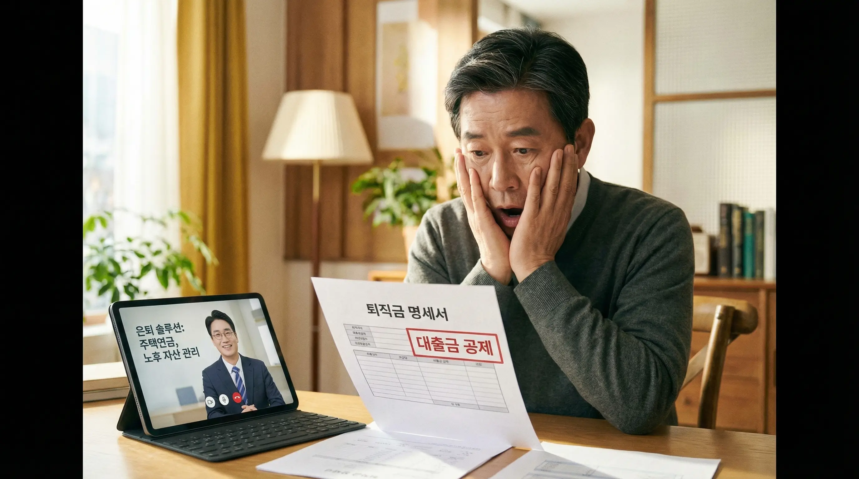 퇴직금 명세서를 보고 대출금 공제 내역에 놀라는 은퇴 예정자와 이를 해결할 금융 솔루션 이미지