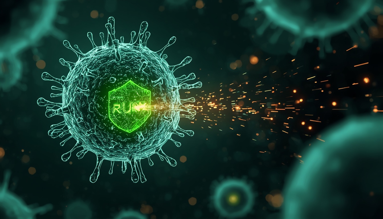Microscopic illustration of a glowing RUNX3 protein inside a cell nucleus activating a protective mechanism
