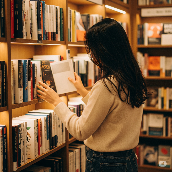 다양한 책들 사이에서 자신에게 맞는 책을 고르는 한국인 여성