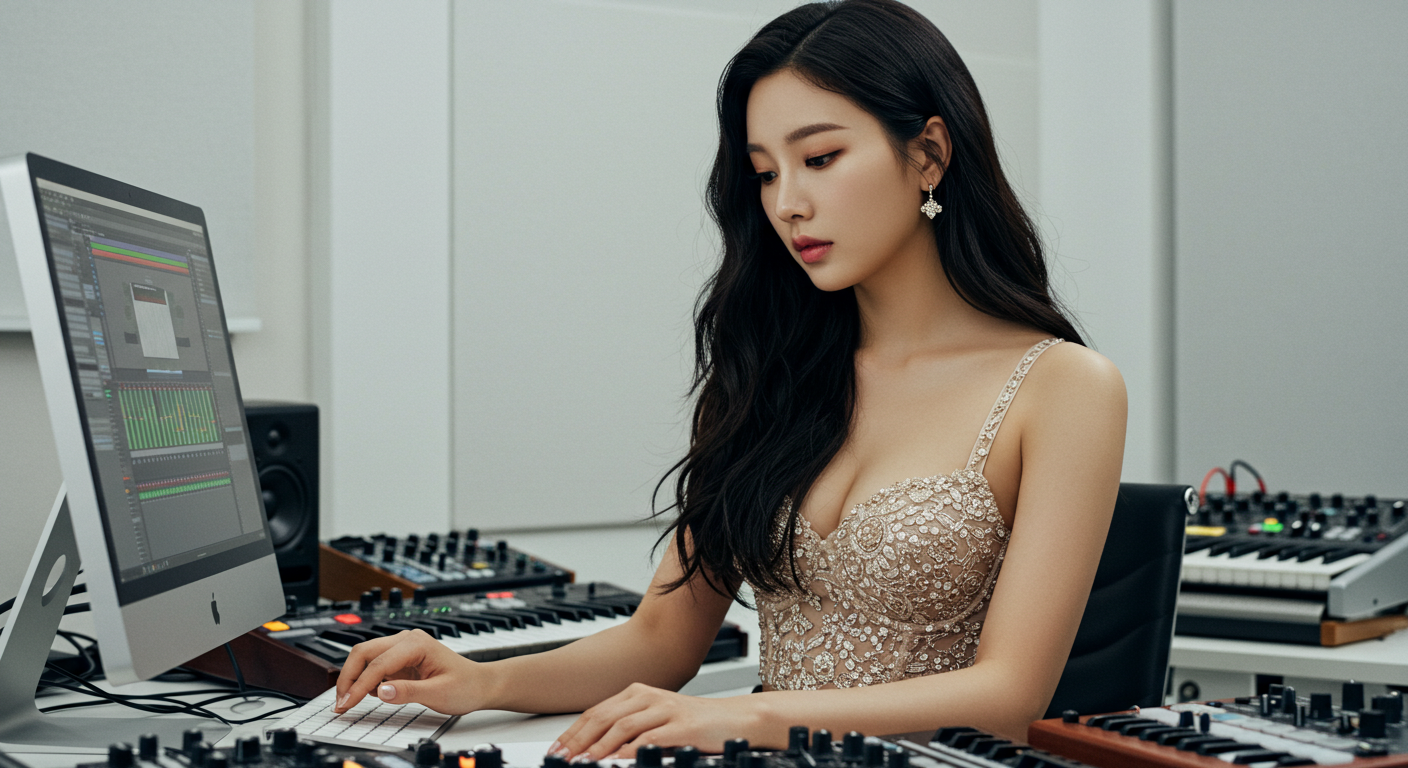 컴퓨터로 음악작업중인 여성