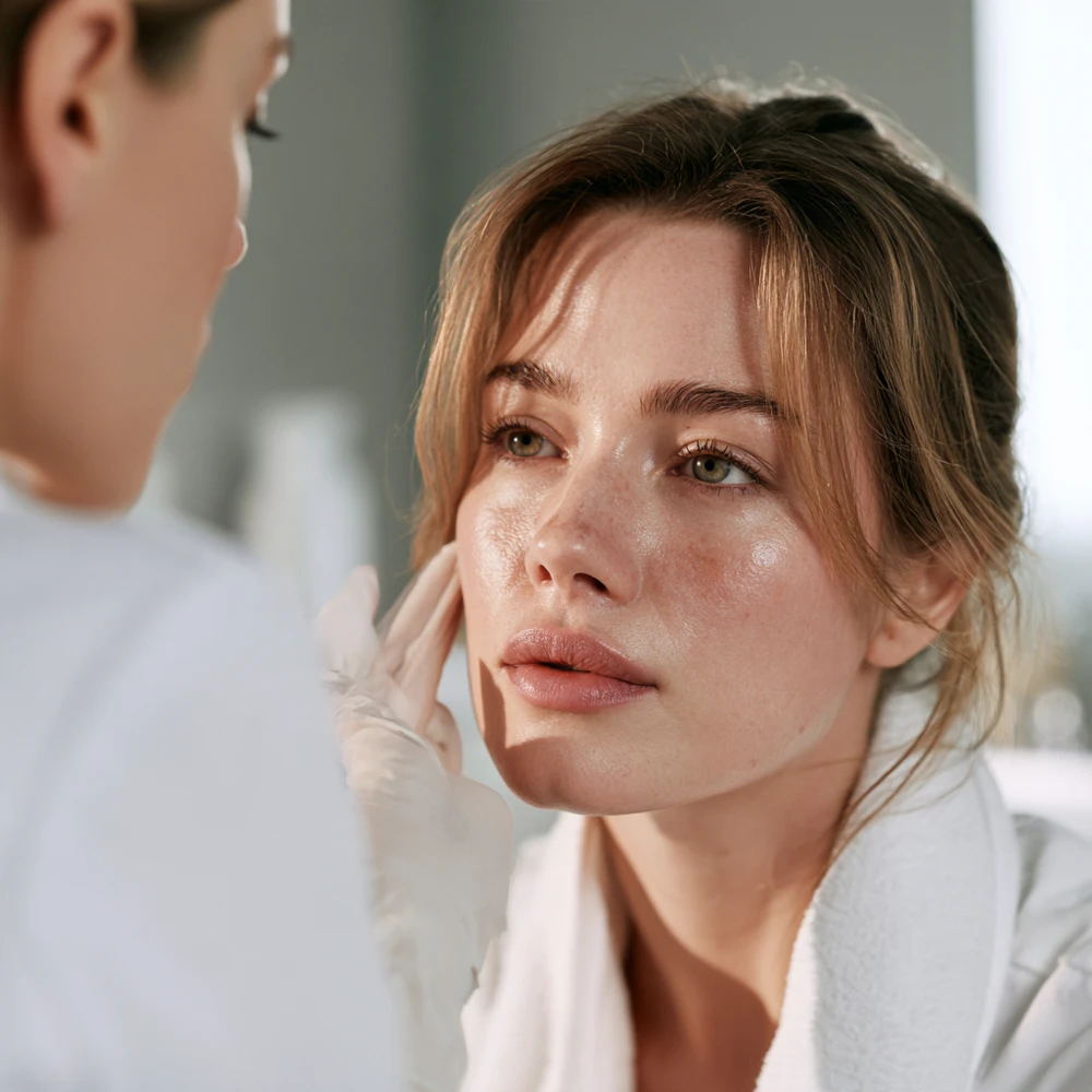 Dermatologist examines dry skin for 2026 피부 유형별 스킨부스터 효과 유지기간 비교 and explains HA hydration.