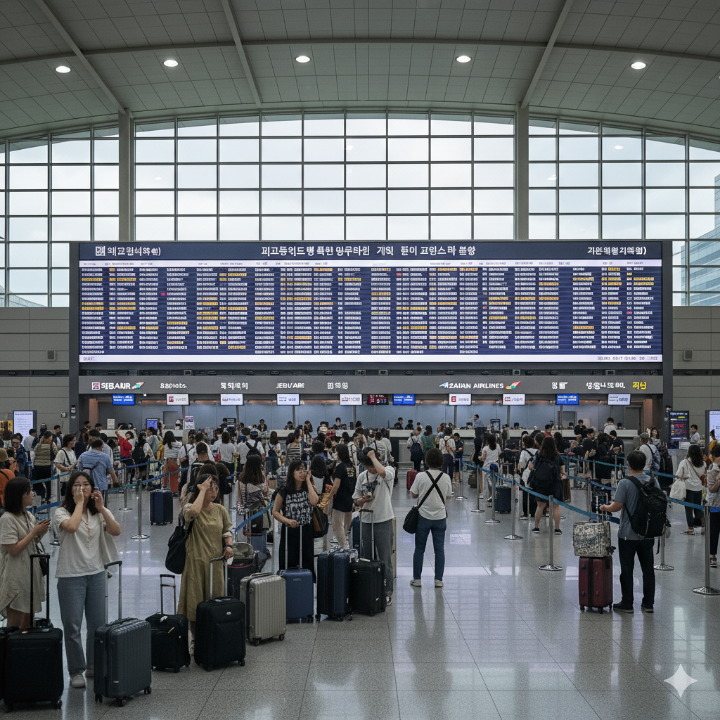 공항 전광판에 &quot;지연(DELAYED)&quot;, &quot;결항(CANCELLED)&quot;이 빼곡하게 표시되어 있고, 승객들이 그 앞에서 혼란스러워하거나 항공사 카운터에 길게 줄을 서 있는 모습이 담긴 이미지입니다.