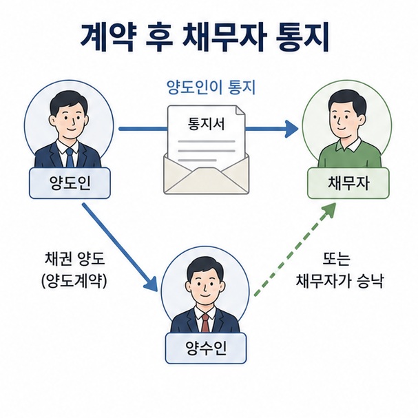 채권양도 계약 후 양도인이 채무자에게 양도 사실을 통지하거나 채무자의 승낙을 받는 절차를 표현한 이미지