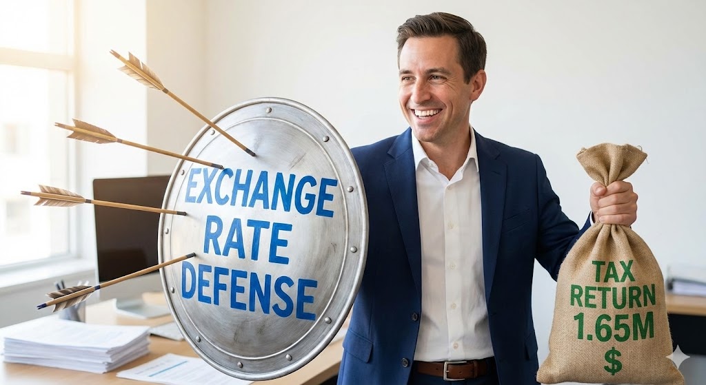 직장인이 한 손에는 '환율 방어(Shield)' 방패를, 다른 손에는 '165만 원(Tax Return)' 주머니를 들고 있는 모습