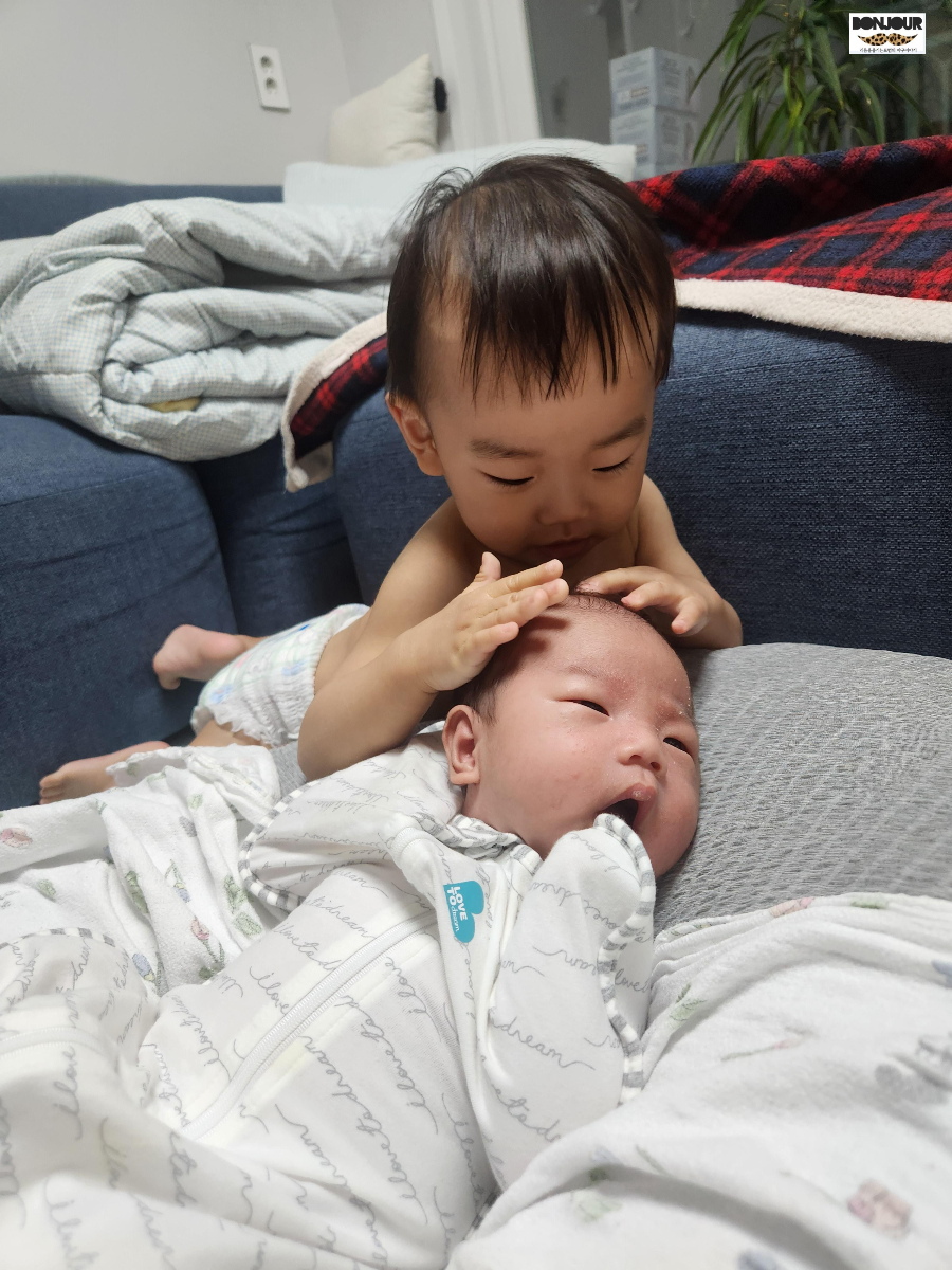 둘째 신생아의 머리를 신기하게 만져주는 17개월 첫째