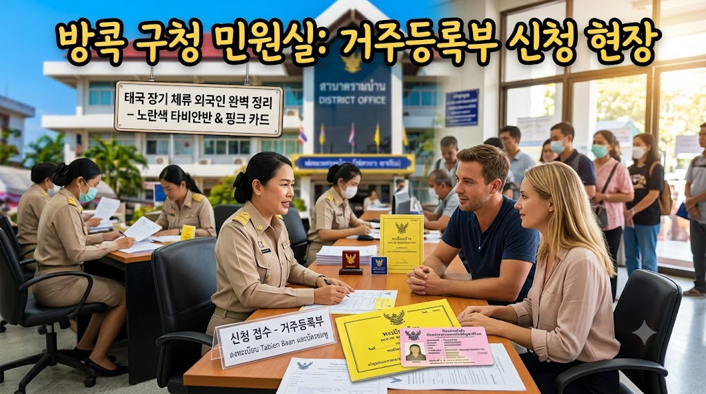 태국 구청 창구에서 노란색 타비안반 서류를 접수하는 모습