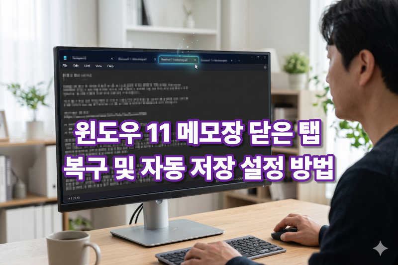 윈도우 11 메모장에서 실수로 닫은 탭을 복구하고 이전 세션 자동 저장 기능을 설정하는 방법