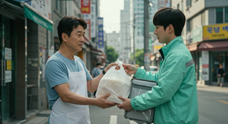 외식업 점주가 배달 기사에게 포장 음식을 전달하는 모습