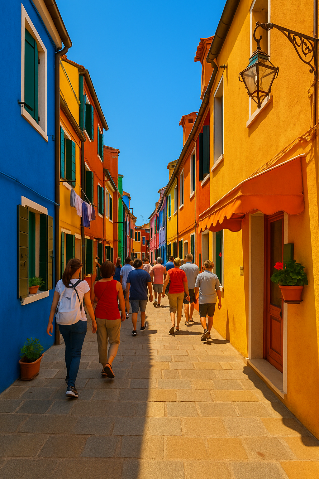 파란색, 노란색, 주황색 건물이 늘어선 부라노 섬 골목길을 걷는 관광객들의 모습.