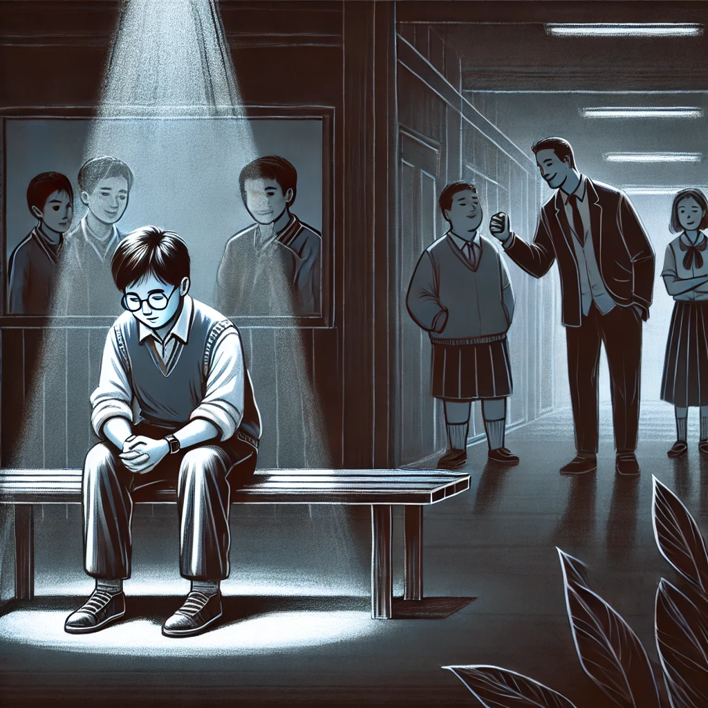 이 사진은 학교폭력의 피해자와 가해자들을 묘사한 사진입니다.