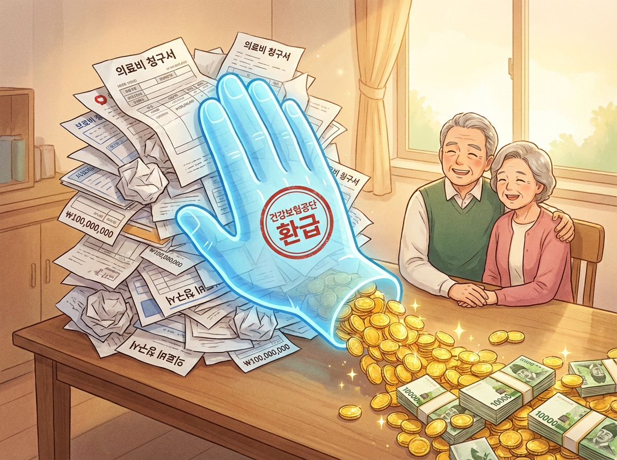 막대한 병원비 영수증 위로 건강보험공단 환급금 돈뭉치가 쌓이는 모습