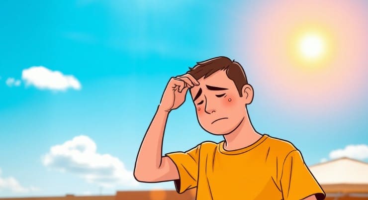 온열질환인 열사병에 노출된 사람이 뜨거운 햇빛 아래에서 힘들어하고 있습니다.