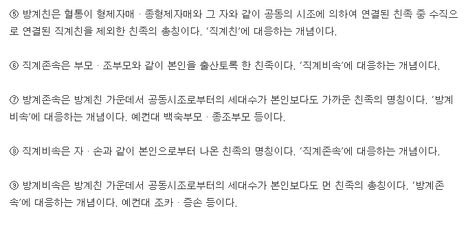 직계와 방계를 나누어 보여주는 표 그림