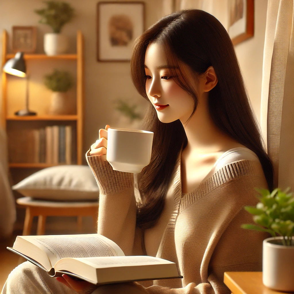 거실에서 허브 차를 마시며 자기계발서를 읽는 젊은 여성