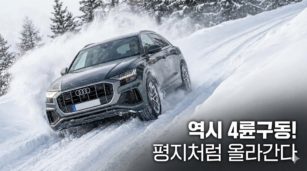 눈길을 힘차게 치고 올라가는 자동차의 역동적인 모습