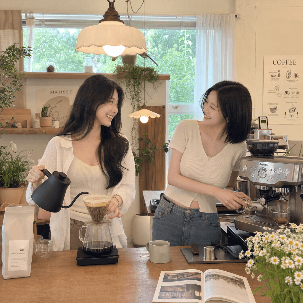 핸드드립과 에스프레소로 커피를 내리고있는 친구들