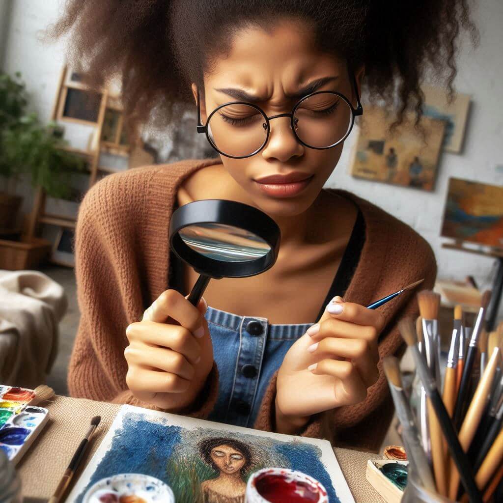 눈이 잘 안보여서 돋보기를 대고 보는 여성