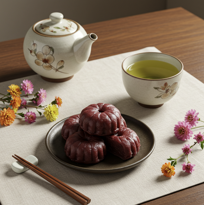 녹차와 밤 양갱이 있는 티 테이블