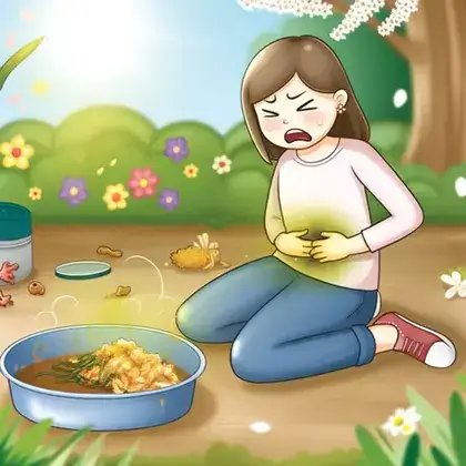 봄철 상한 음식을 먹고 복통에 시달리는 소녀의 모습
