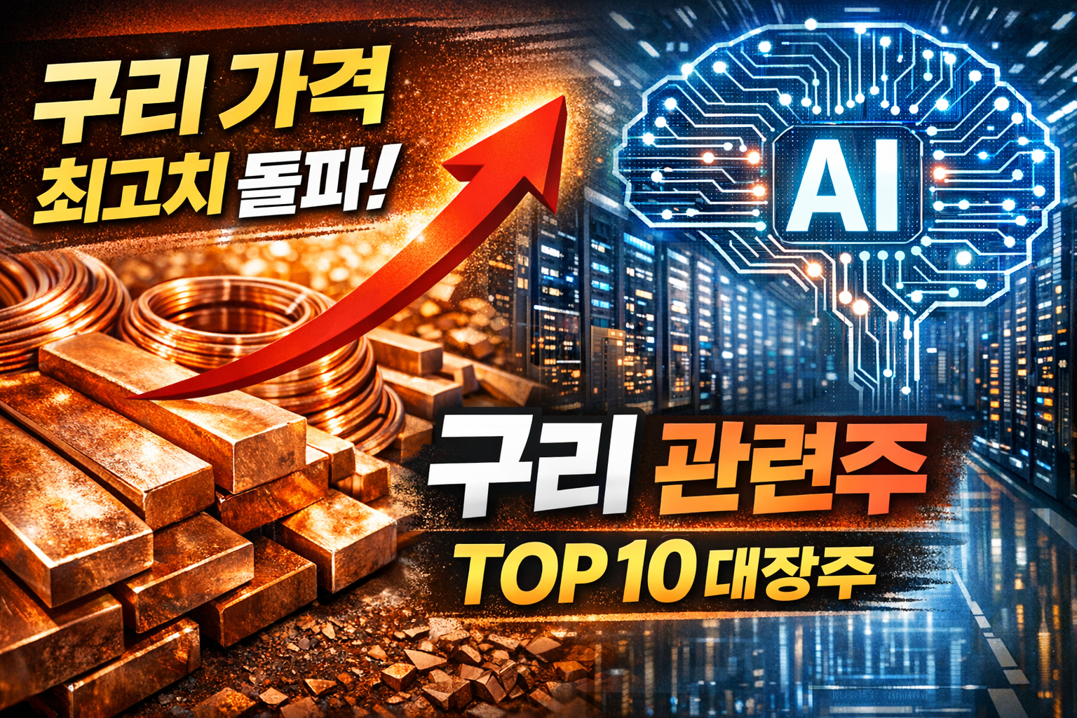 구리 가격 사상 최고치 돌파와 AI 데이터센터 전력 인프라 확산을 배경으로 구리 관련주 TOP 10 대장주를 상징적으로 표현한 썸네일 이미지