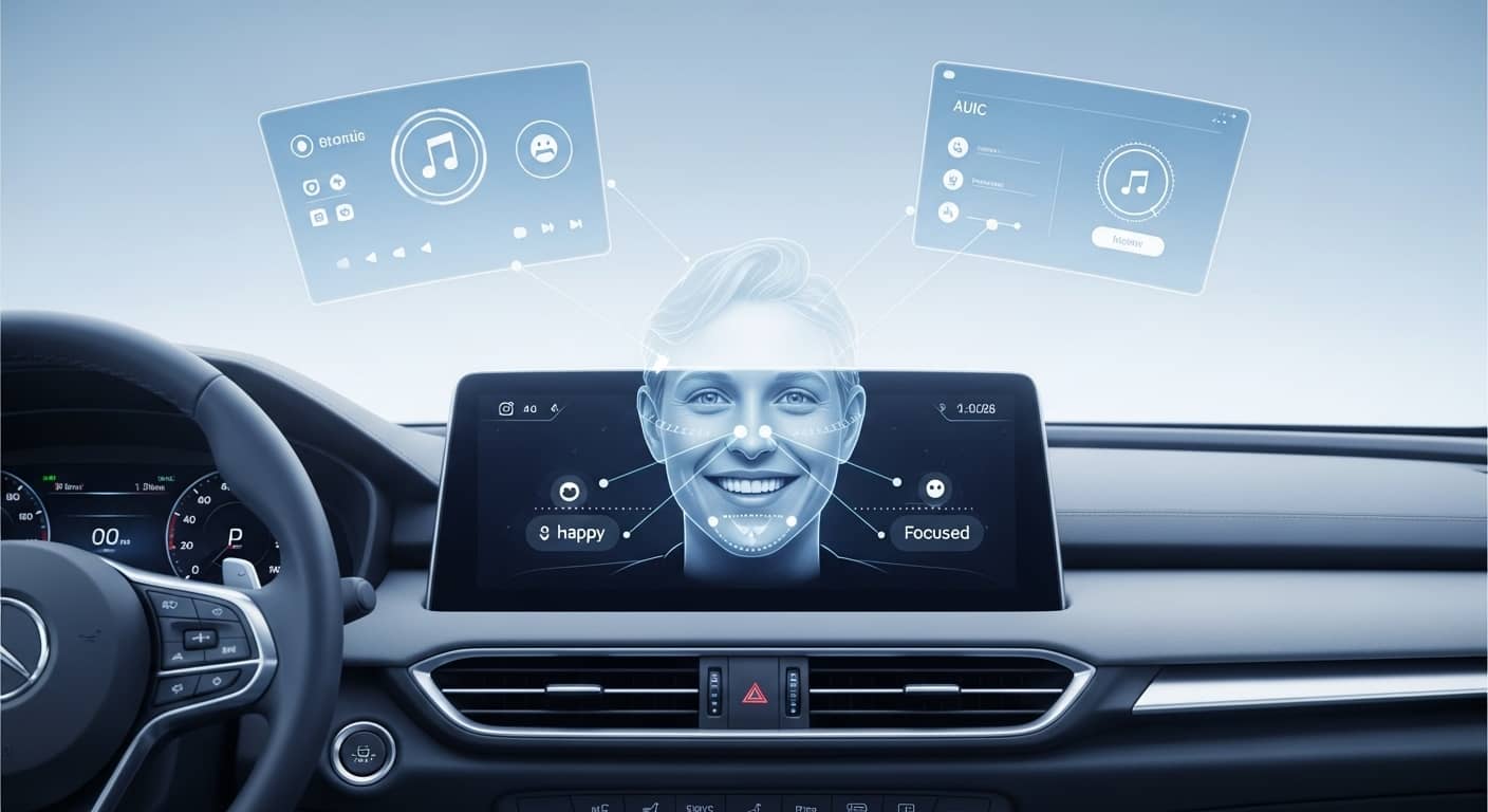 운전자의 얼굴 표정을 인식해 감정을 분석하는 차량용 인공지능 시스템. 대시보드 중앙 디스플레이에 운전자의 얼굴이 표시되고, ‘happy’, ‘focused’ 등의 감정 상태가 실시간으로 분석되어 나타남. AI가 표정을 감지해 음악, 조명, 주행 모드를 자동 조절하는 스마트 차량 인터페이스를 보여주는 이미지.