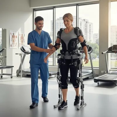 재활 치료 중인 환자가 보행 보조 로봇을 착용한 사진