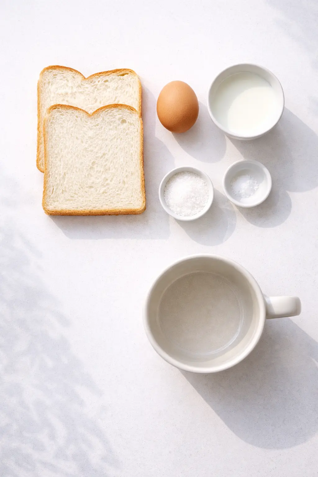 빵, 계란, 우유, 설탕, 소금을 머그컵과 함께 준비한 사진
