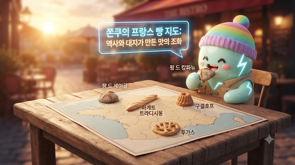 쫀쿠가 프랑스 지도가 그려진 거대한 식탁 매트 위에 앉아 있습니다. 지도 위 각 지역에는 해당 지역을 대표하는 미니어처 빵들이 놓여 있습니다. 파리의 바게트, 프로방스의 푸가스, 알자스의 구겔호프와 팡 데피스까지. 쫀쿠는 이 모든 빵이 각기 다른 역사와 기후, 사람들의 이야기가 담긴 결과물임을 이해하며, 행복한 표정으로 '팡 드 캉파뉴' 한 조각을 입에 넣고 있습니다.