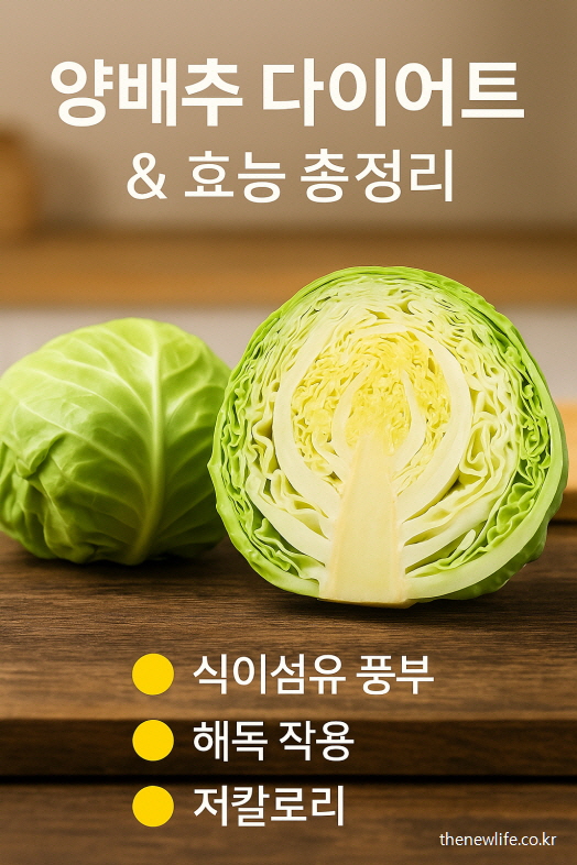 양배추 단면과 통양배추 이미지, 양배추 다이어트와 효능 키워드 강조
