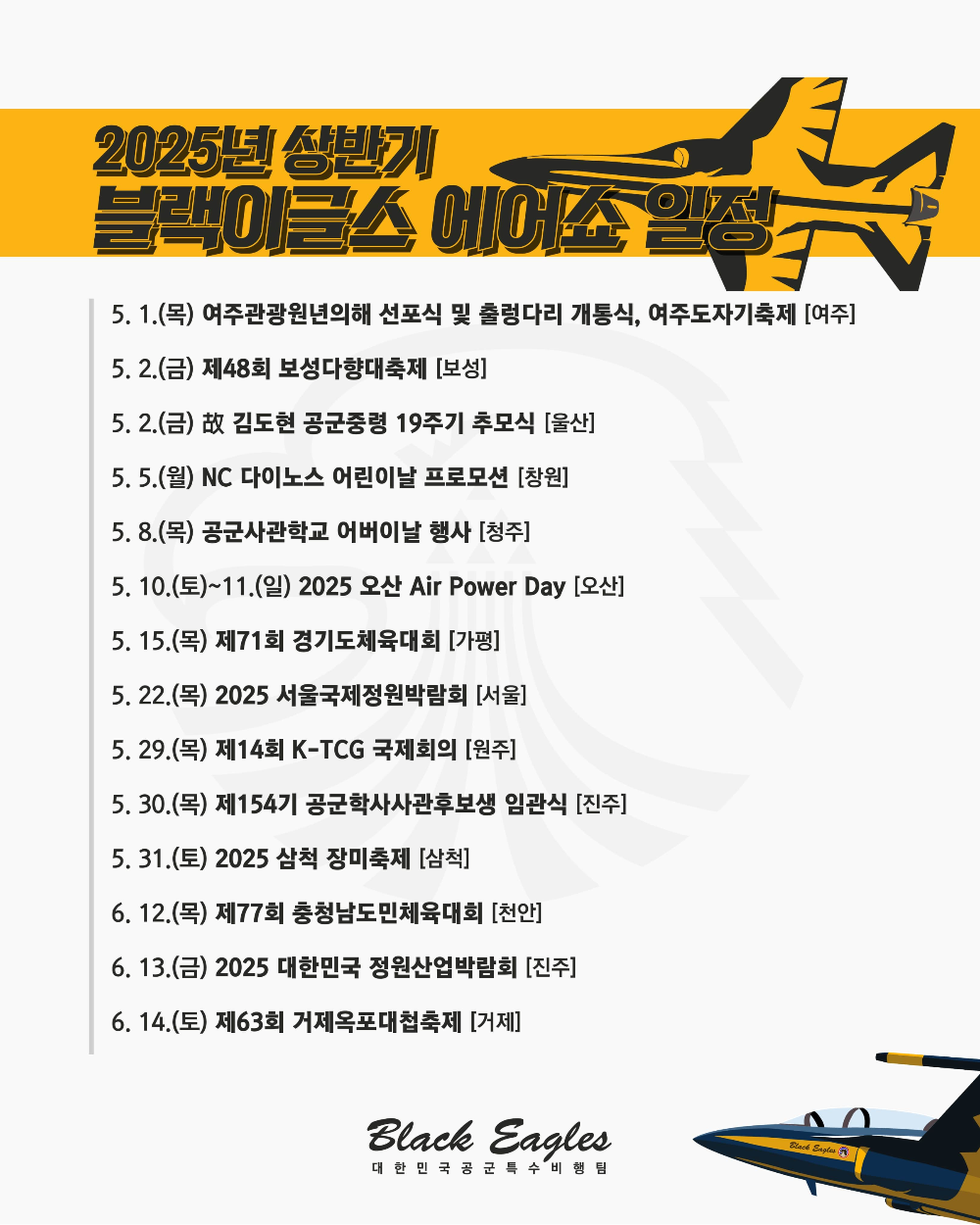 2025년 상반기 블랙이글스 에어쇼 일정표