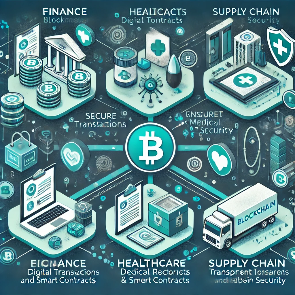 금융, 의료, 공급망에서 블록체인이 사용되는 이미지