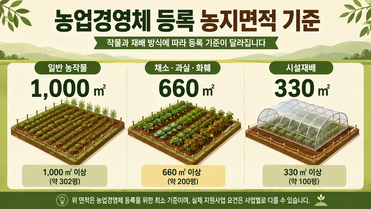 일반 농작물 1,000㎡, 채소 과실 화훼 660㎡, 시설재배 330㎡ 기준을 농지 그림과 함께 비교한 인포그래픽(AI로 생성한 이미지)