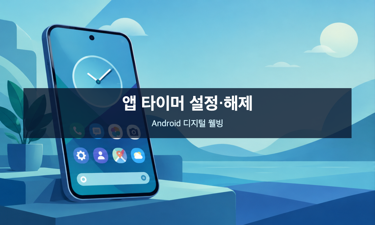 스마트폰과 시계로 표현한 Android 디지털 웰빙 앱 타이머 설정·해제 안내 일러스트