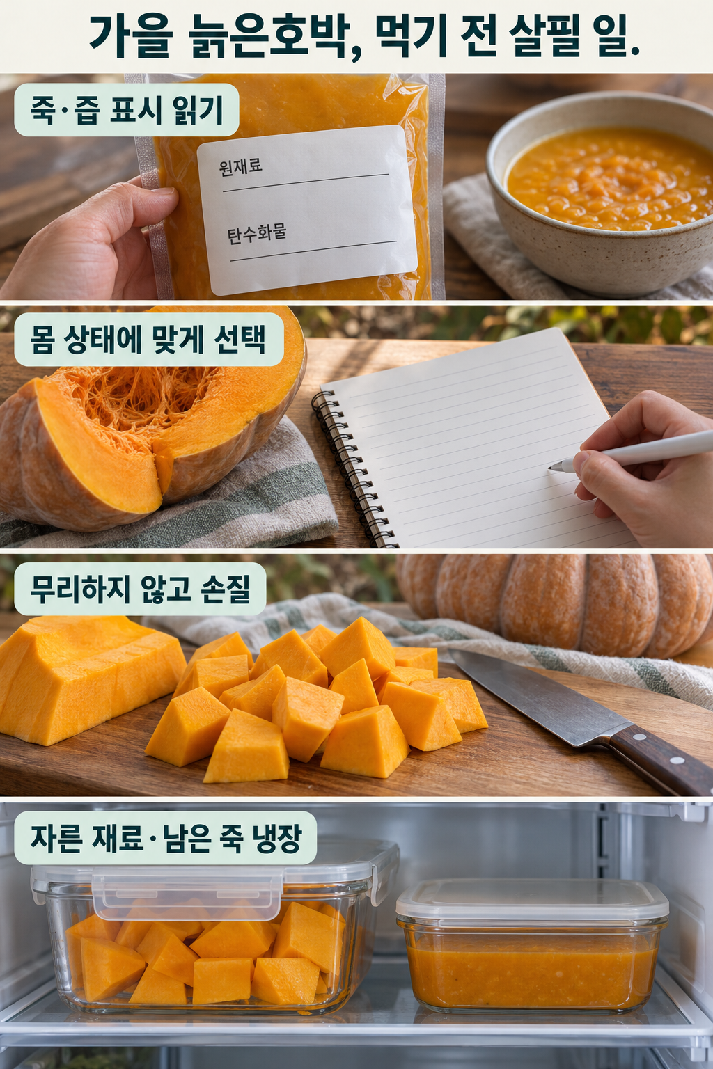 죽·즙 표시 읽기·몸 상태에 맞게 선택하기·무리 없는 손질·자른 재료와 남은 죽 냉장의 네 장면.