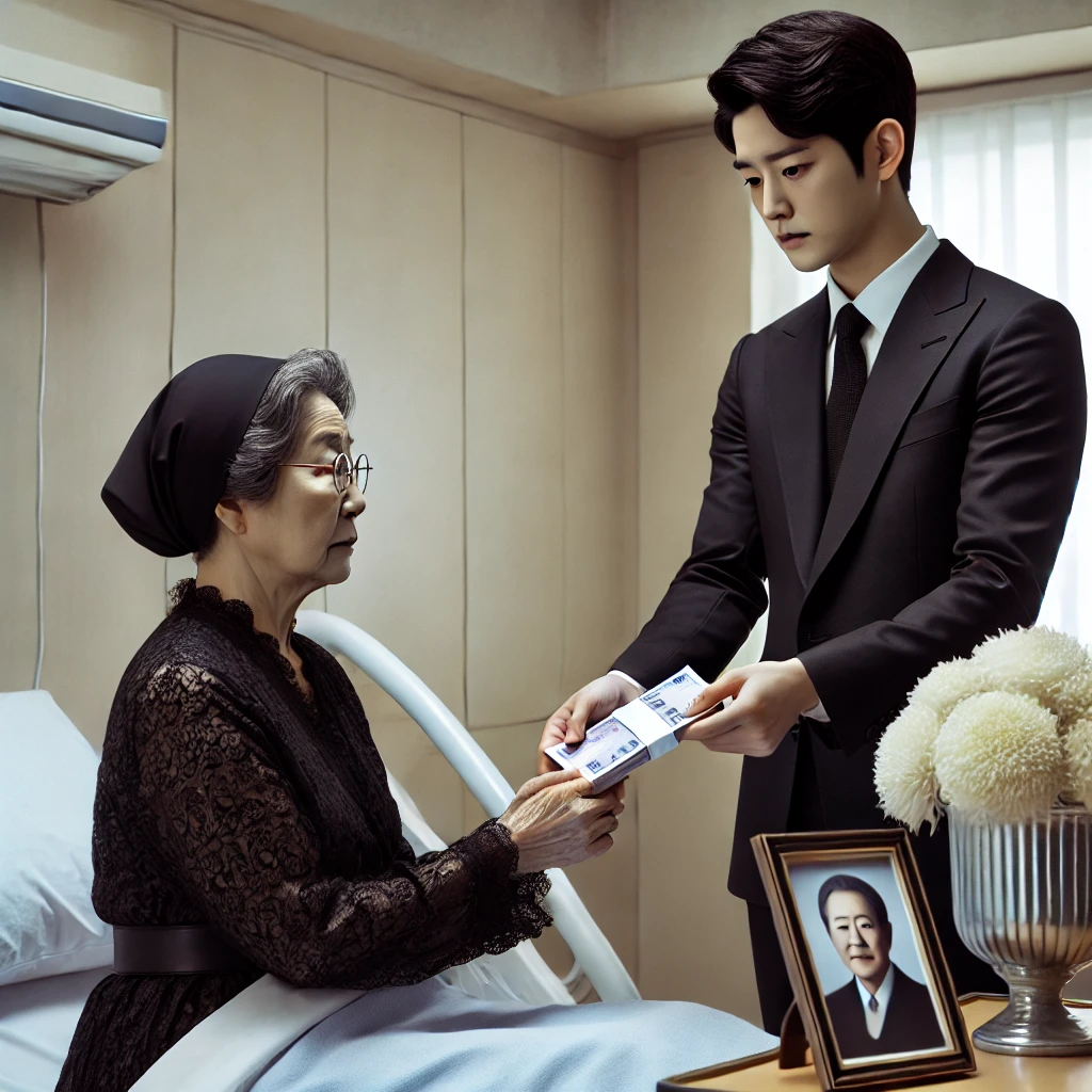 병실에서 아들이 아빠의 국민연금 유족연금 통장을 어머니한테 주는 장면이다. 