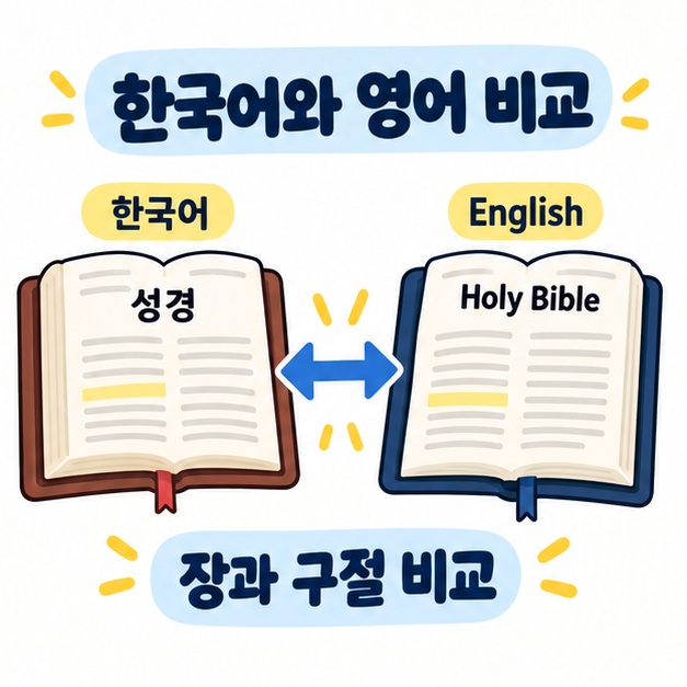 한국어 성경과 영어 성경을 나란히 놓고 장과 구절을 비교해 읽는 모습을 보여주는 카드