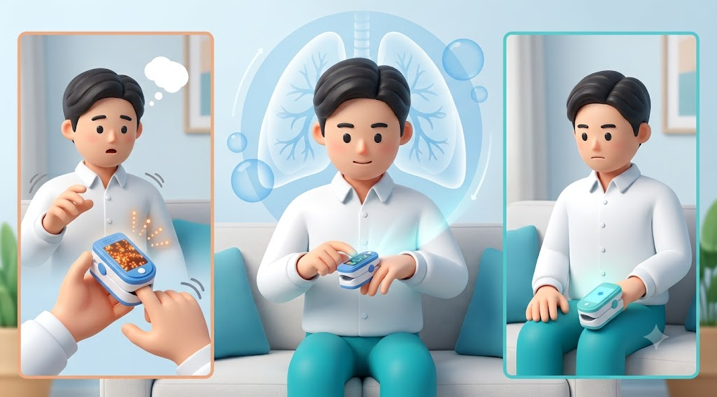 일시적인 흔들린 산소포화도 측정과 조건을 바로잡아 안정적으로 재측정하는 모습의 좌우 대비 3D 일러스트