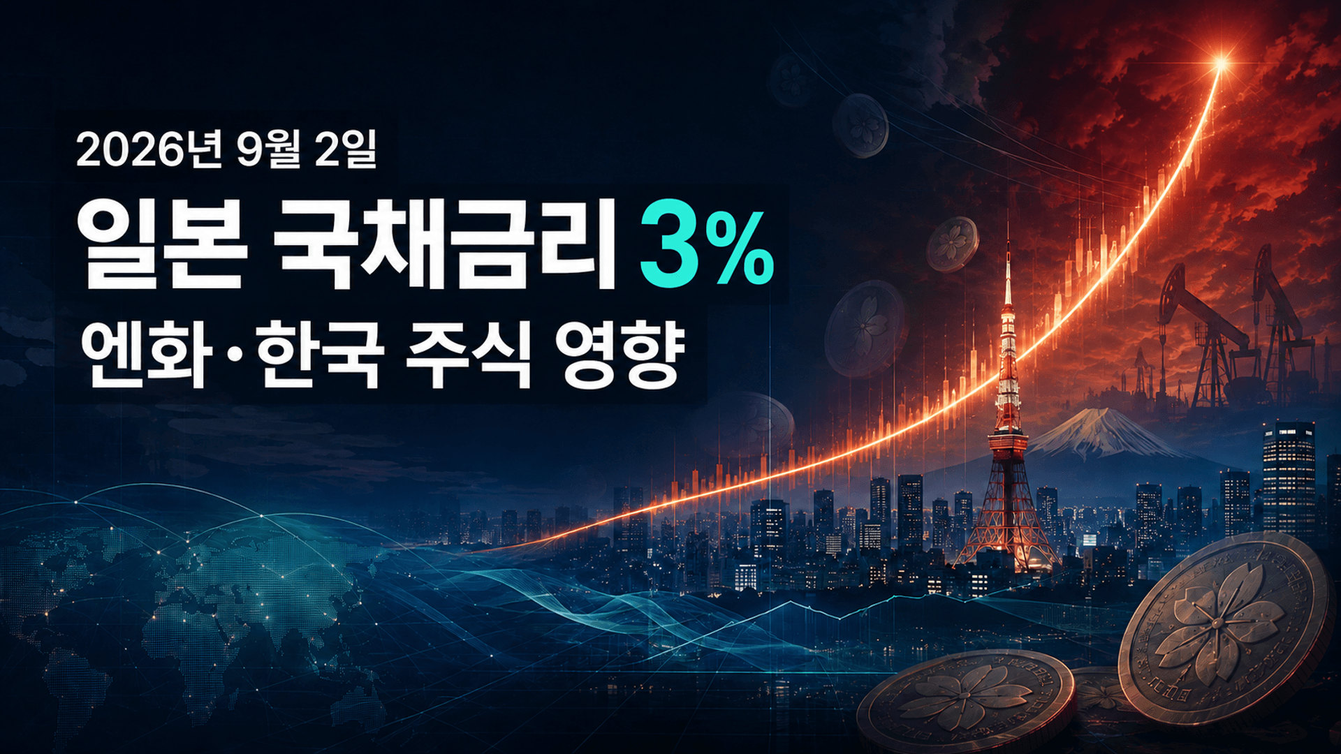 2026년 9월 2일 일본 국채금리 3%와 엔화&middot;한국 주식 영향을 표현한 대표 이미지