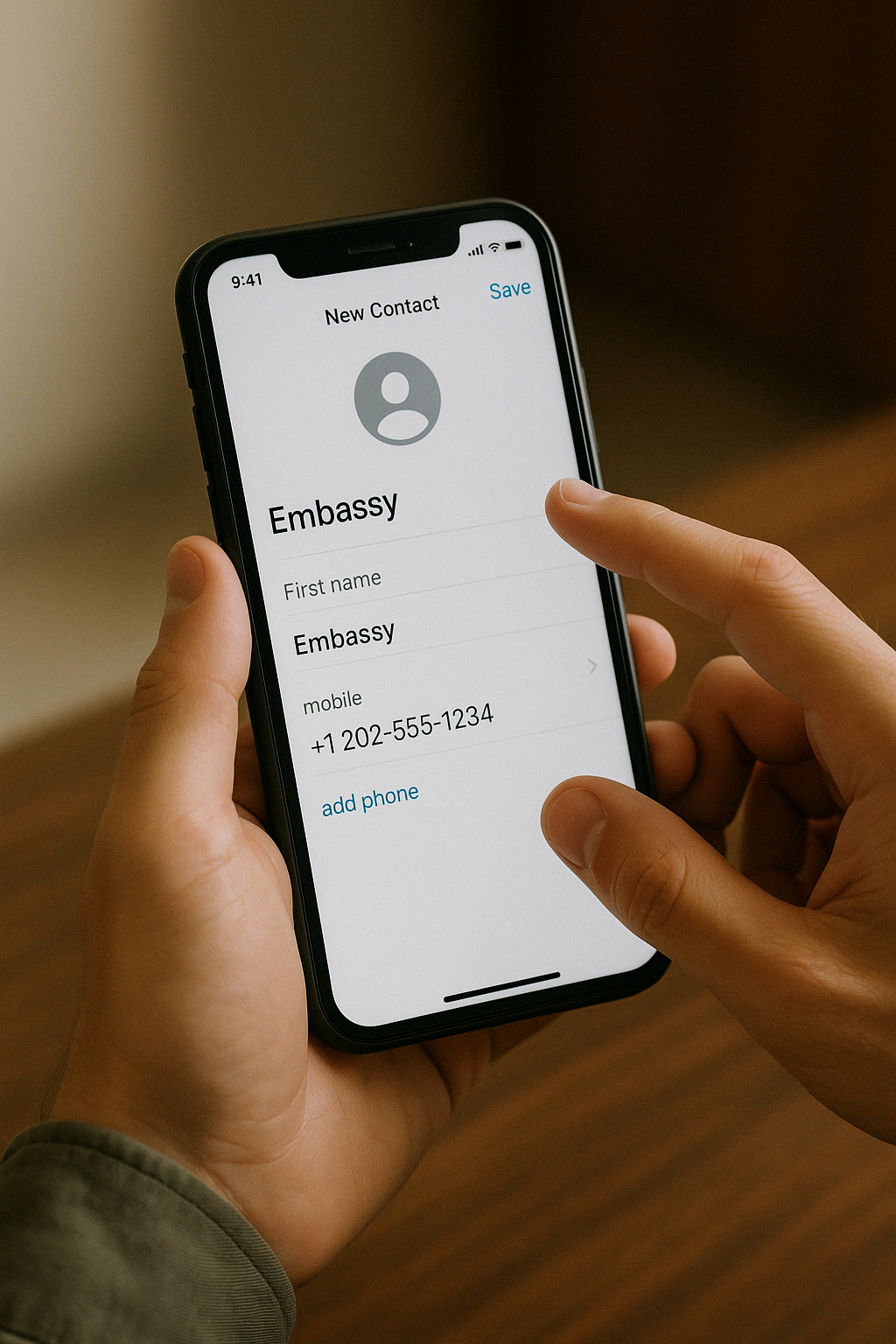 스마트폰에 대사관 연락처를 저장 중인 여행자