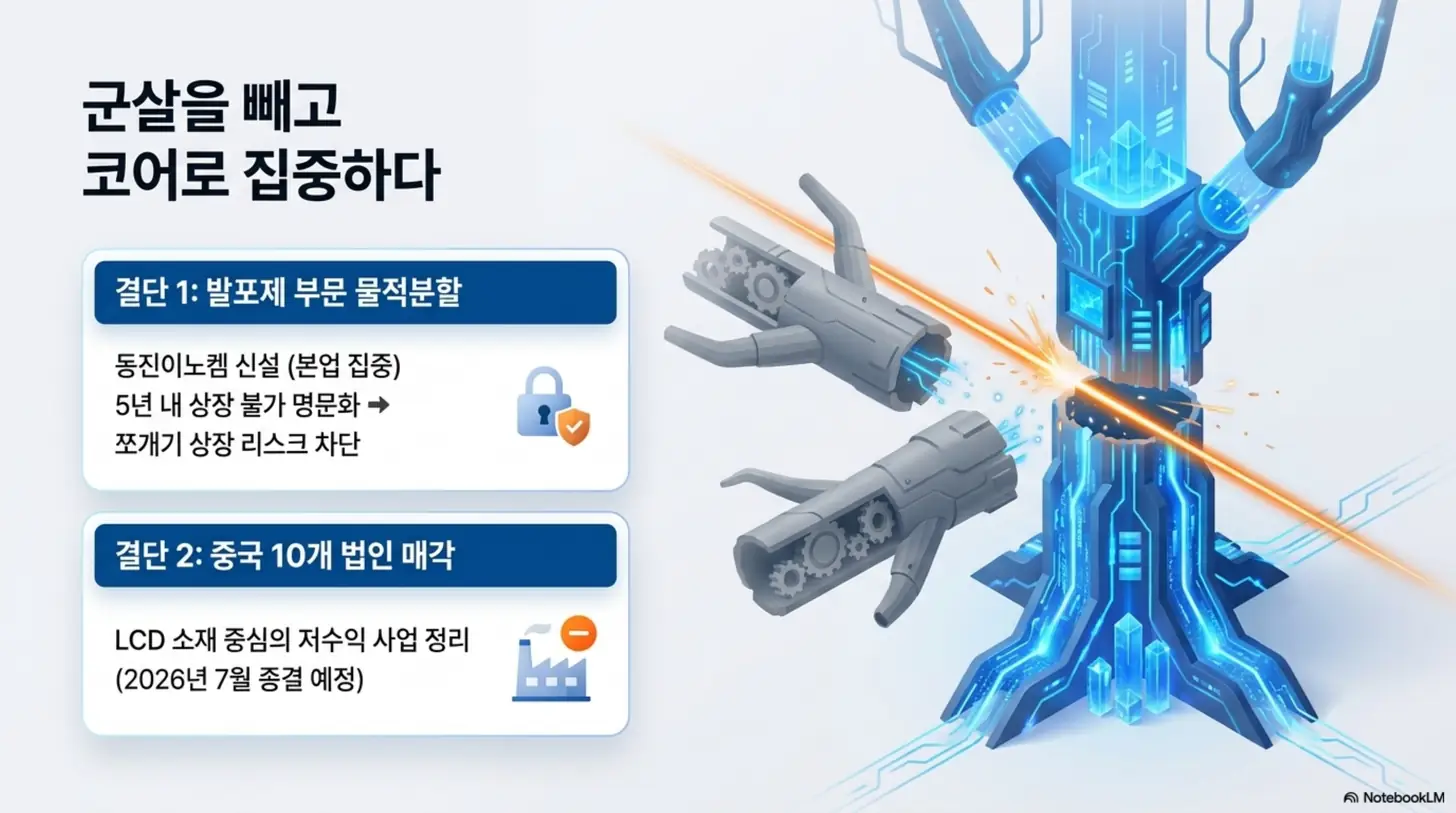 동진쎄미켐이 발포제 부문 물적분할(동진이노켐 신설)과 중국 10개 법인 매각이라는 두 결단으로 본업에 집중하는 사업 재편 구조를 설명한 이미지