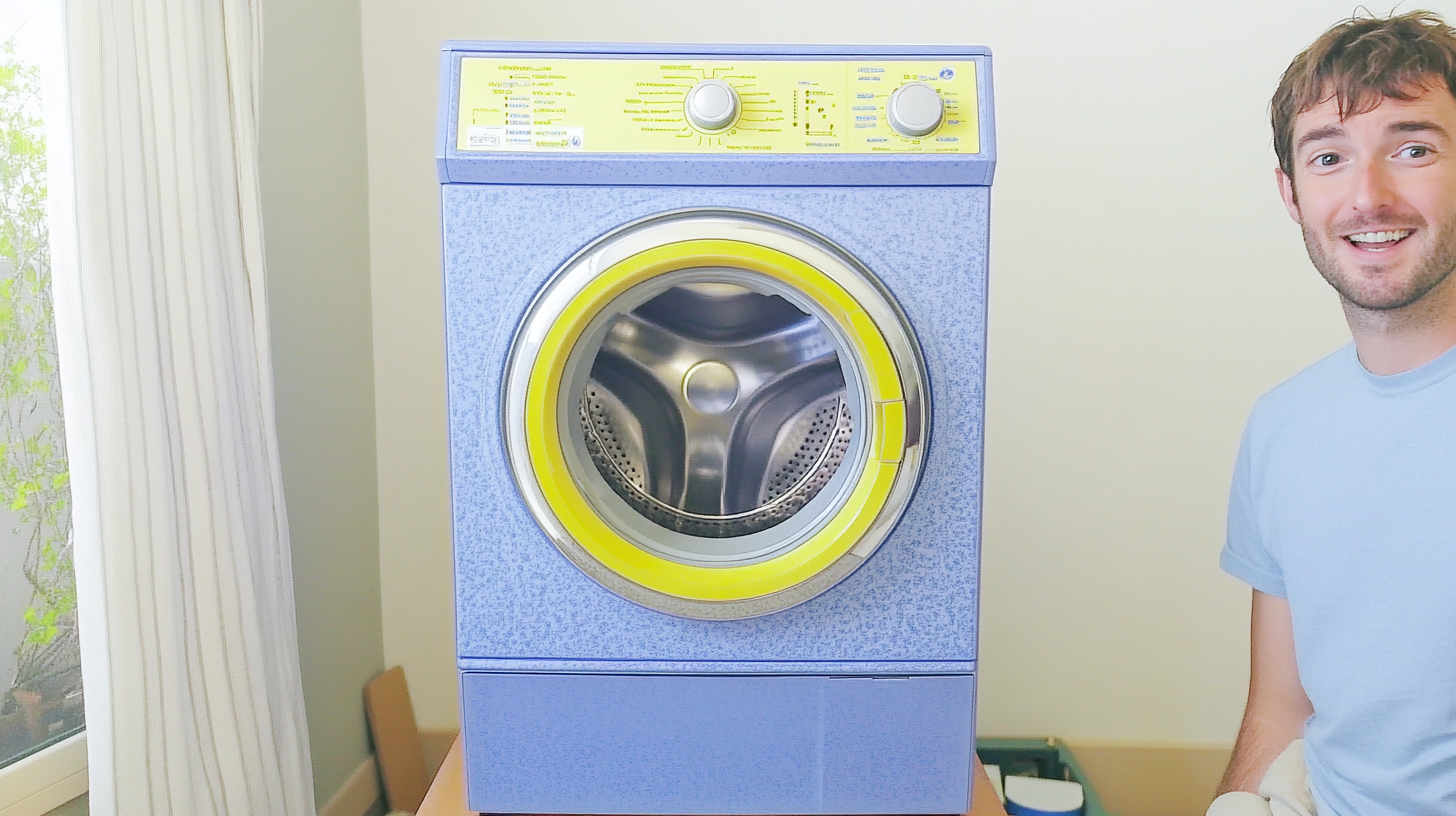 고객 서비스 문제를 암시하는 경쟁사의 중간 가격대 세탁기의 이미지로, 평범한 주거 공간에 놓여 있어