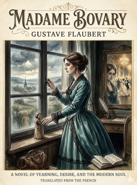 끝없이 타오르는 욕망의 상징물(거울 속 화려한 무도회)을 뒤로하고, 현실의 고독을 상징하는 창가에 서서 손안의 작은 도자기 수호수를 만지며 스스로를 구원하려는 자립의 의지를 다지는 엠마 보바리의 결연한 뒷모습(The back of Madame Bovary with a determined resolve to save herself through independence, looking out of a window that symbolizes realistic solitude, with the mirror that symbolizes endless desire in the background, touching a small ceramic guardian doll in her hand)