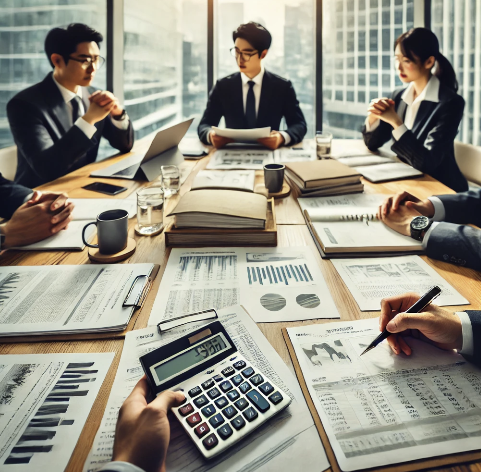 세금 및 재정 전략을 논의하는 비즈니스 미팅 장면