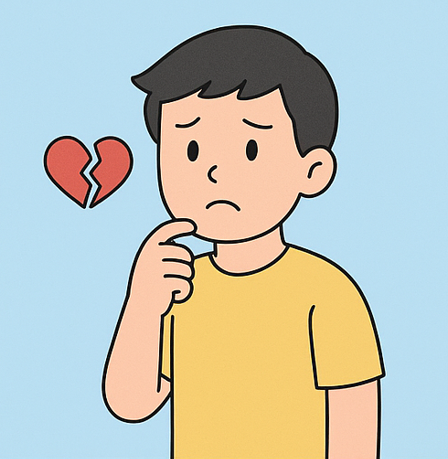 노란 옷을 입은 소년이 고민하는 모습과 함께 하트가 깨진 아이콘이 표현되어 있음. &lsquo;부모 이혼 상황에서의 서류 확인 필요성&rsquo;을 나타내는